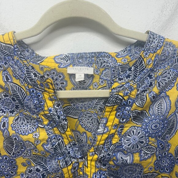 Talbots Womens 2X Yellow & Blue Floral Print Blouse With 3/4 Sleeves - Picture 4 of 9